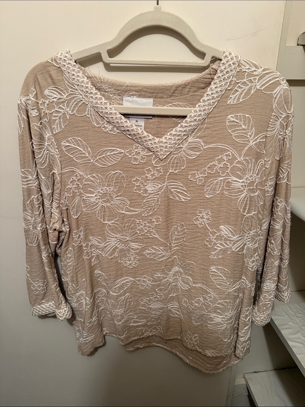 Alfred Dunner Taupe Long Sleeve V-Neck Top with White Floral Embroidery